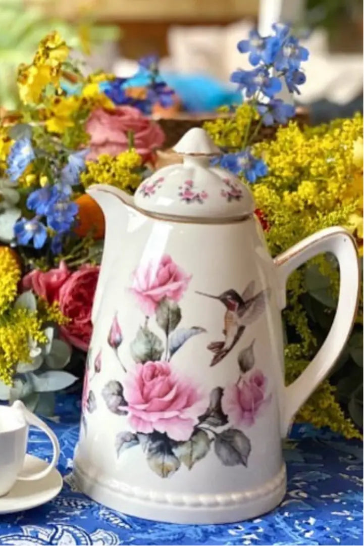 Posliinitermoskannu Humming Bird, kolibri- ja kukkakuvio