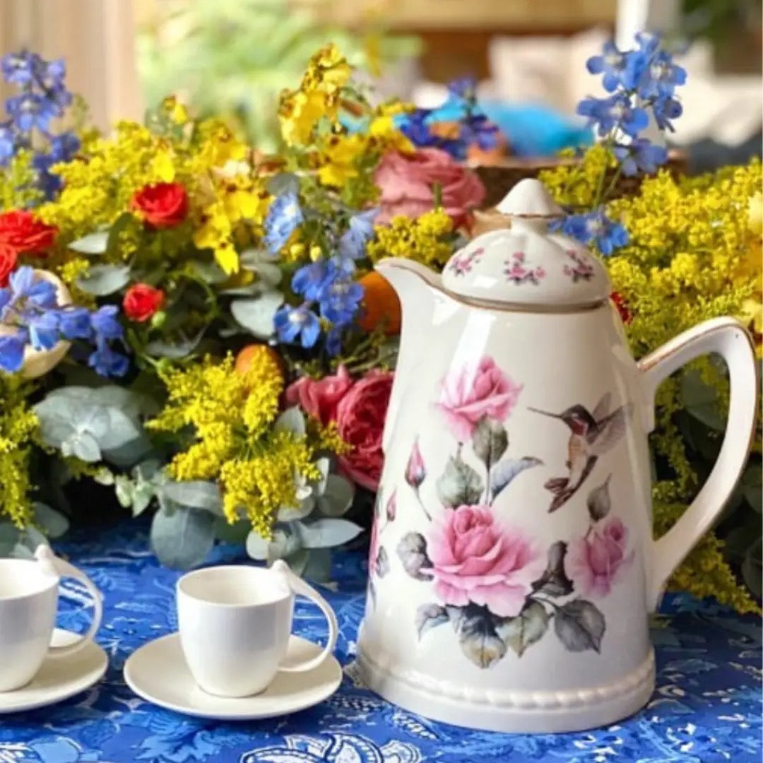 Posliinitermoskannu Humming Bird, kolibri- ja kukkakuvio