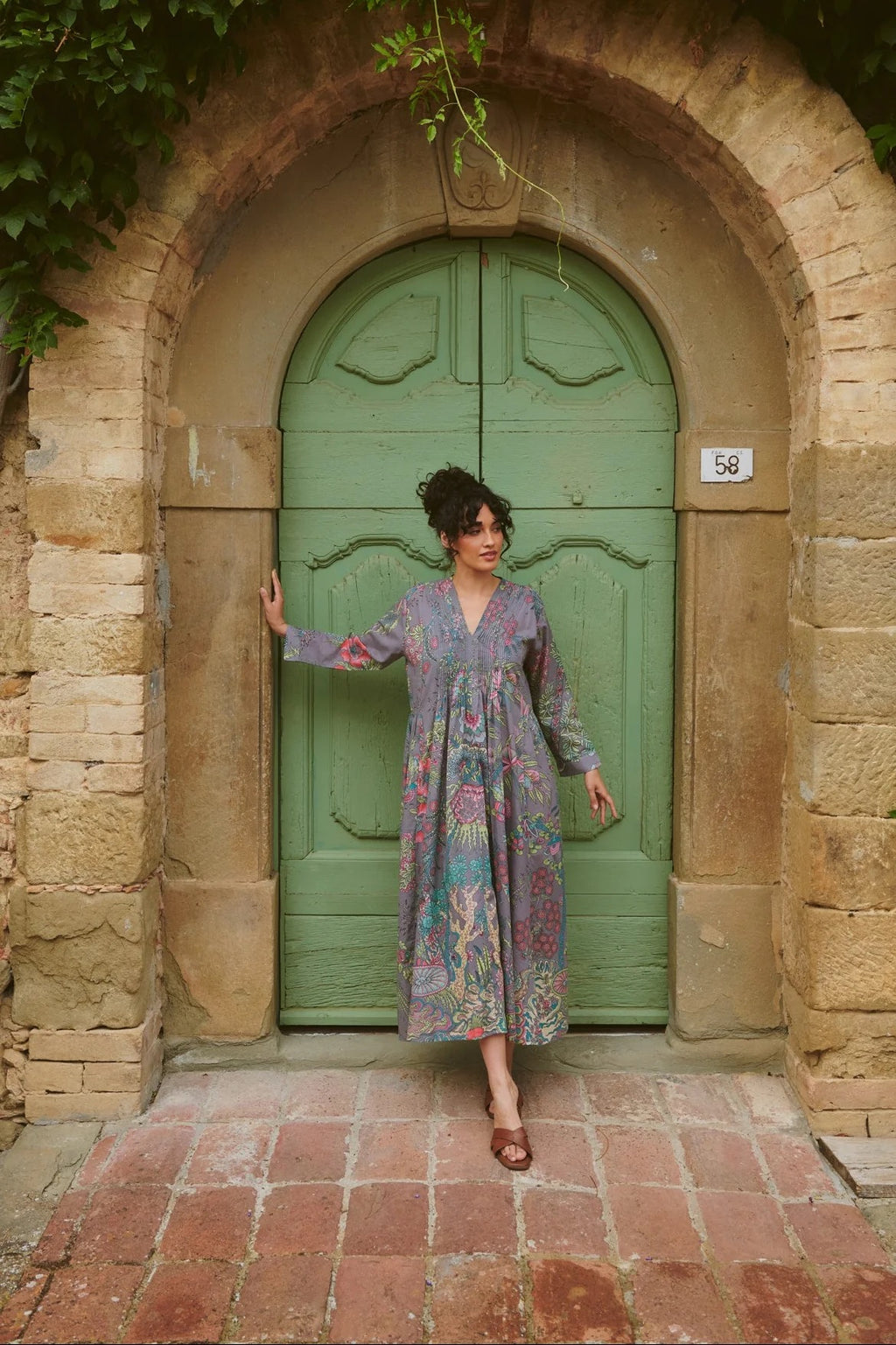 Pinch Pleat Dress, Boho Garden Grey