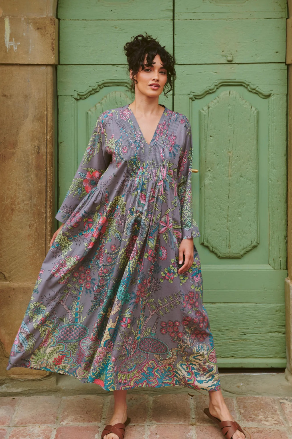 Pinch Pleat Dress, Boho Garden Grey
