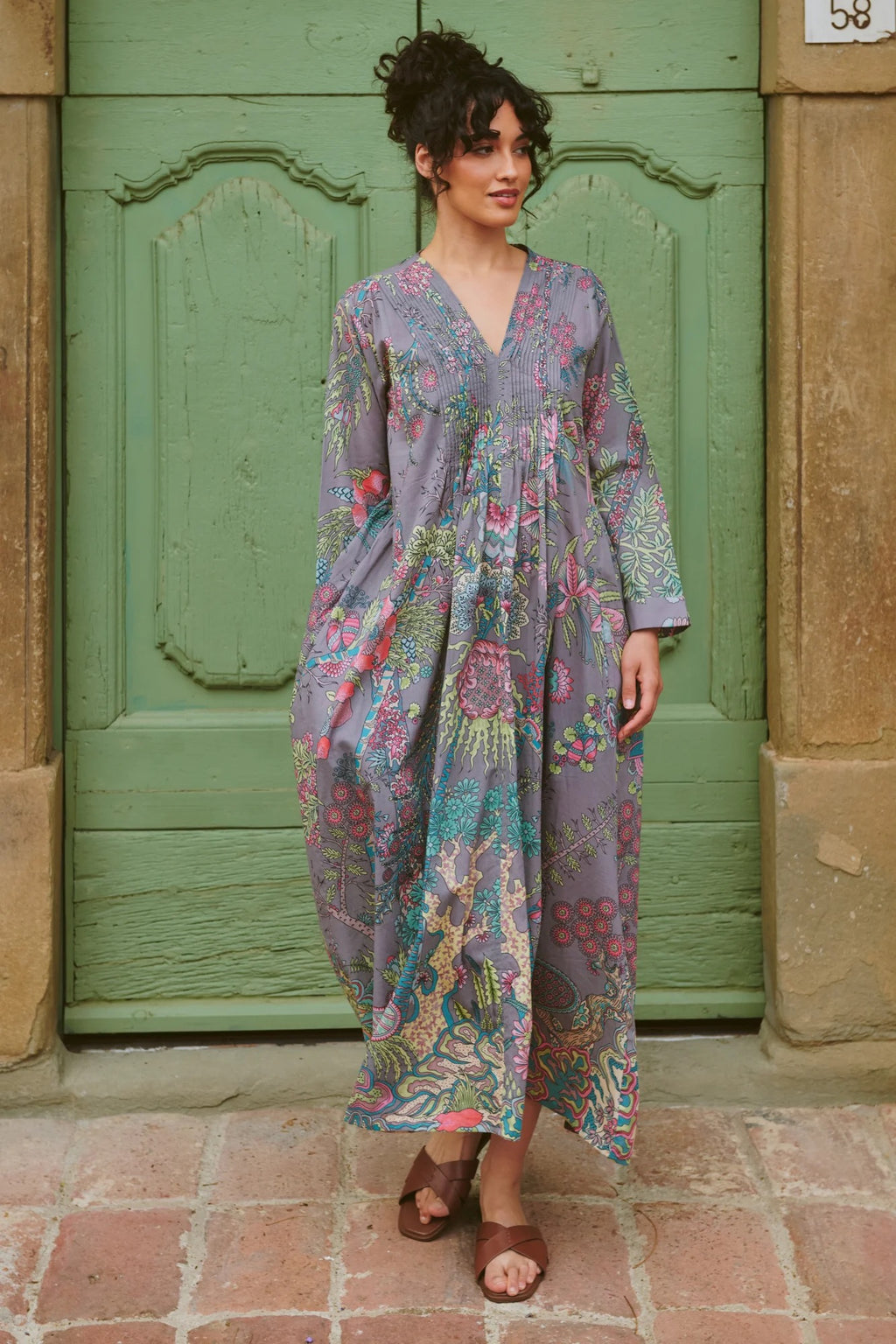 Pinch Pleat Dress, Boho Garden Grey