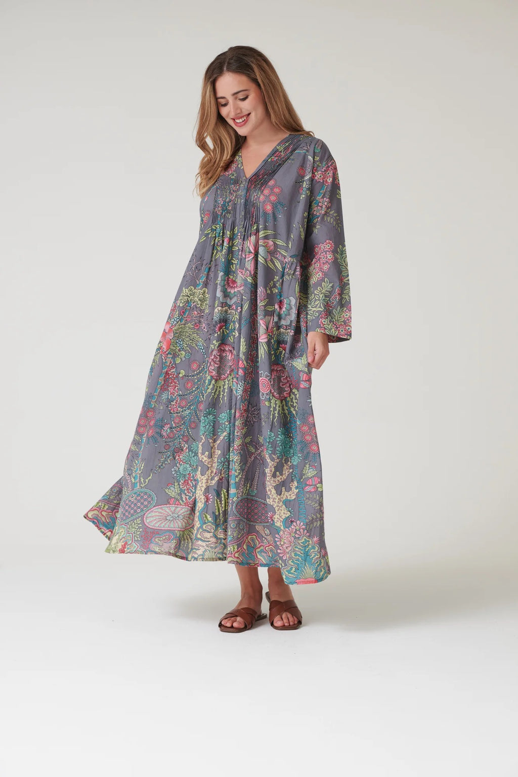 Pinch Pleat Dress, Boho Garden Grey