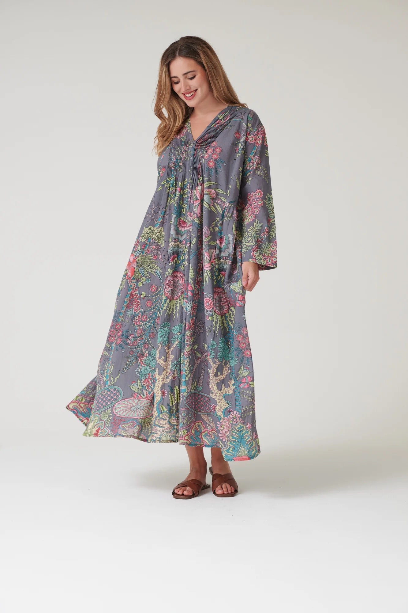 Pinch Pleat Dress, Boho Garden Grey