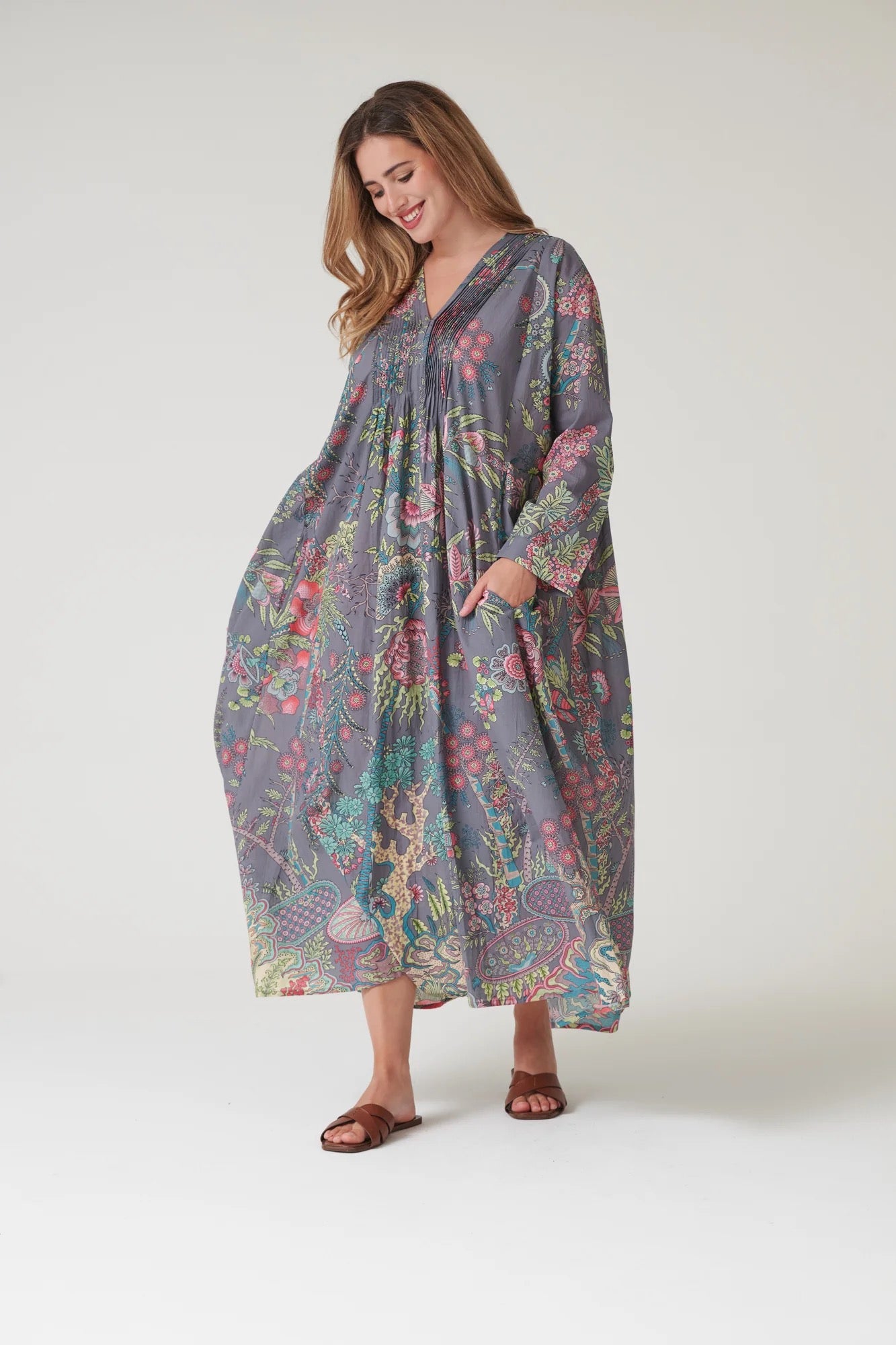 Pinch Pleat Dress, Boho Garden Grey