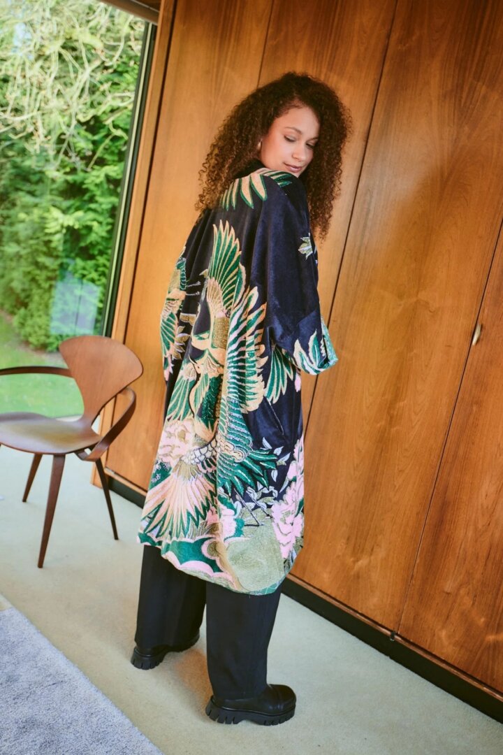 Grande Kimono, Crane Emerald Velvet