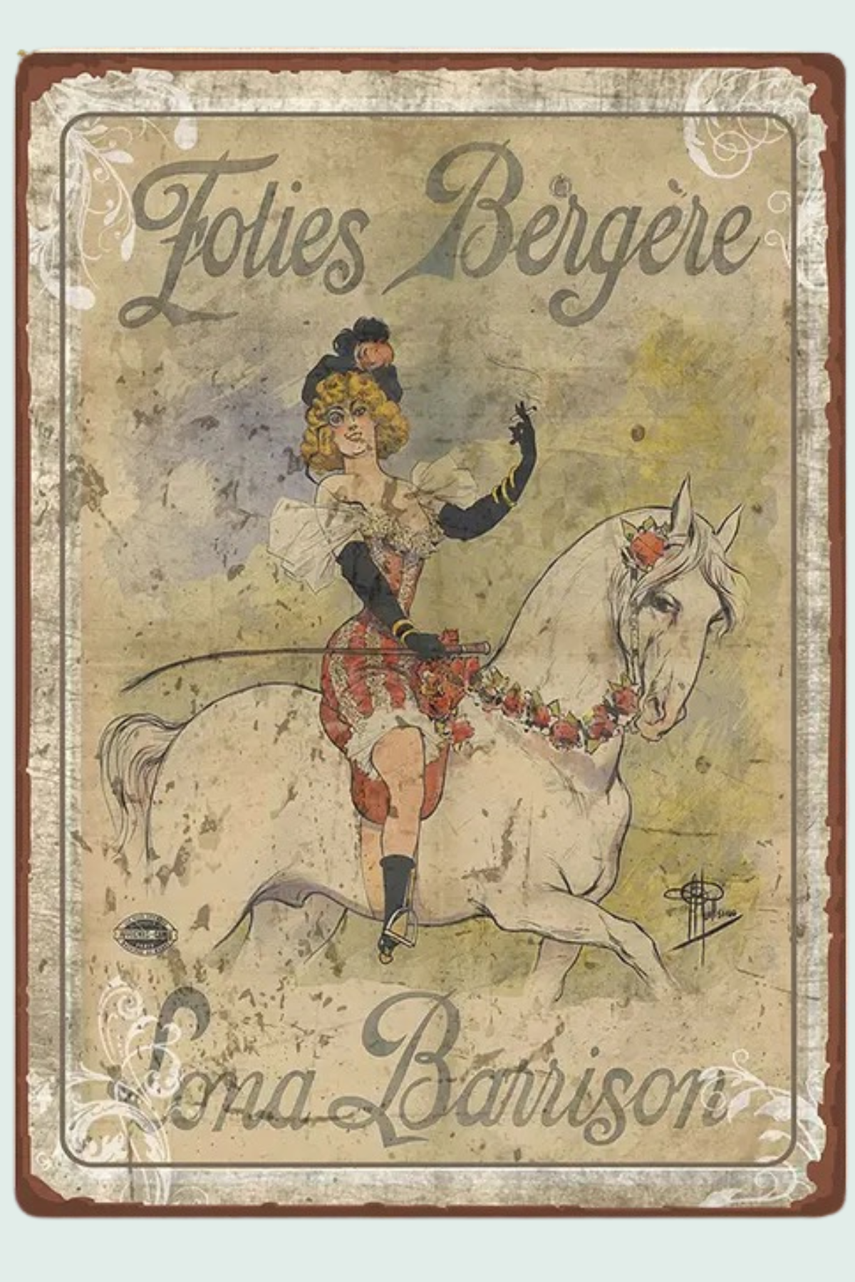 Metallikyltti, Vintage Lady On Horse Folies Bergere
