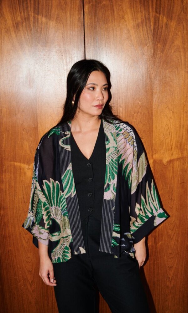 Mini Kimono, Crane Emerald, One Hundred Stars